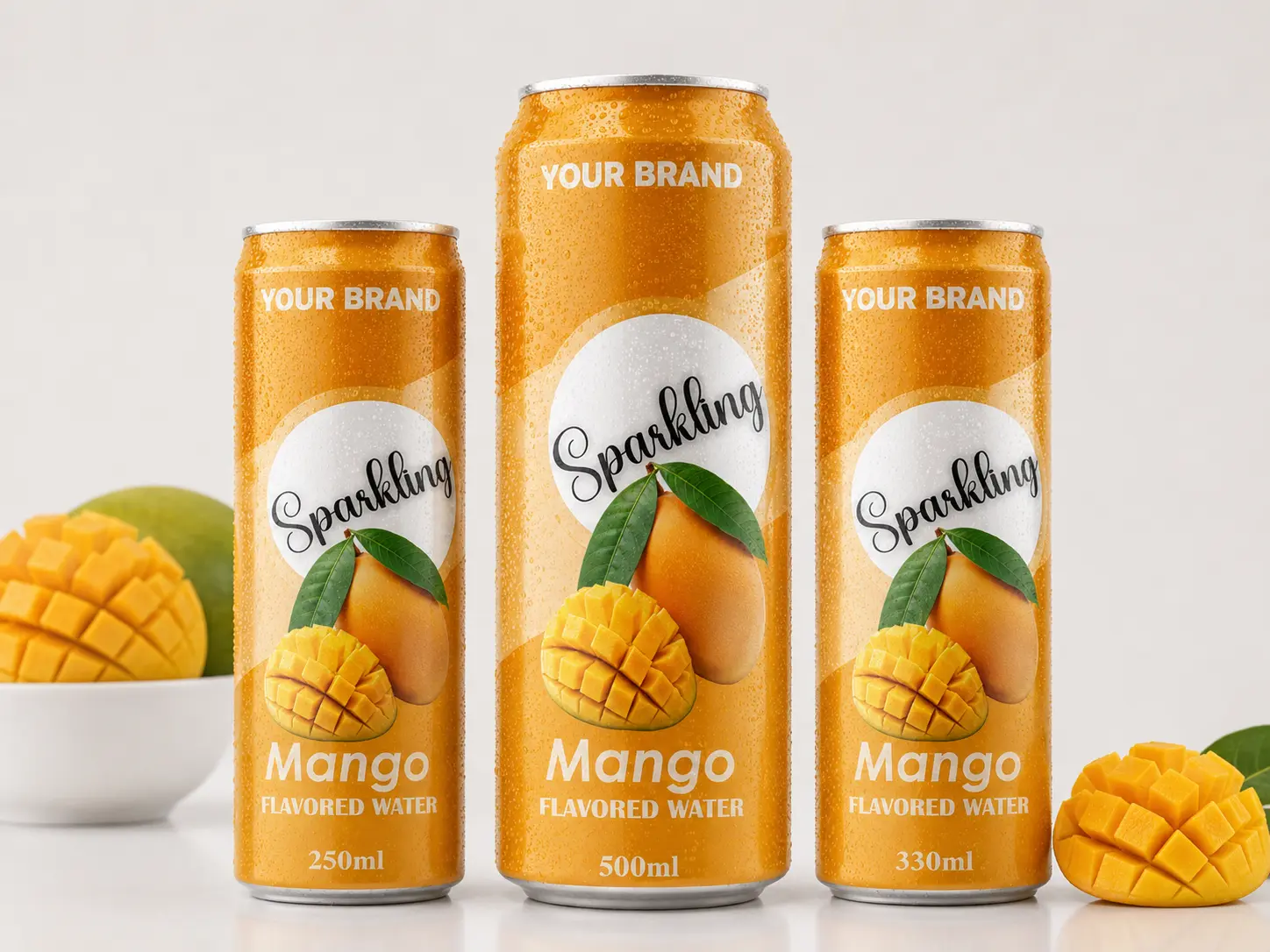 SPARKLING FLAVORED WATER Mango 250ml, 500ml and 330ml cans with fresh mango.